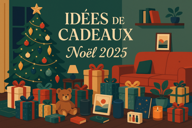 Scène cocooning salon moderne Idées cadeaux Noël 2025 avec sapin décoré et cadeaux variés