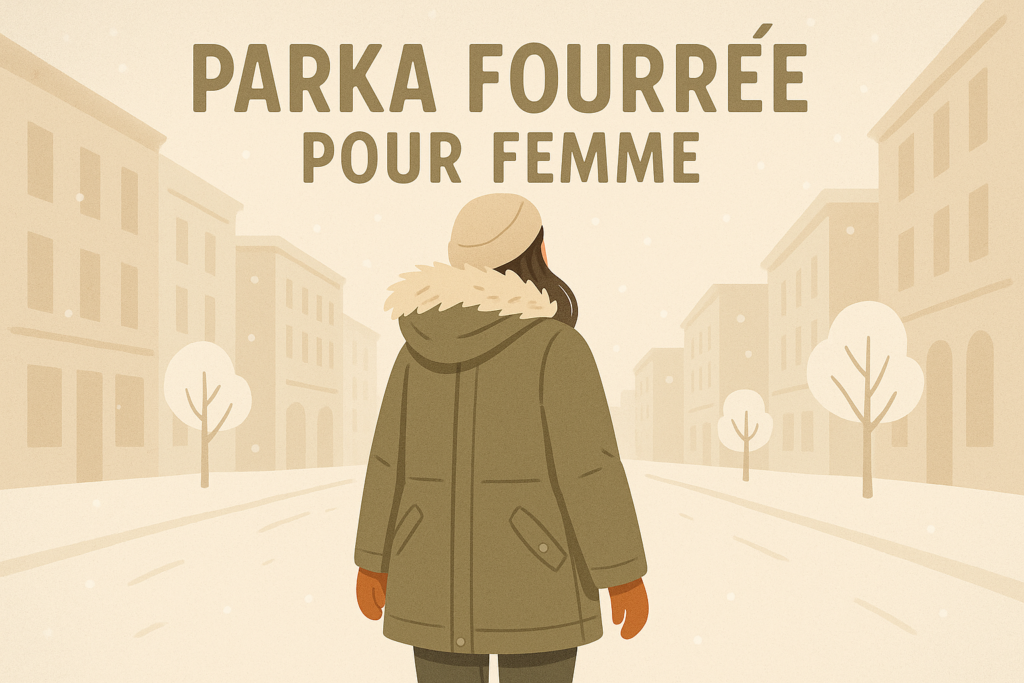 Parka fourrée femme mi-longue imperméable dans une rue enneigée