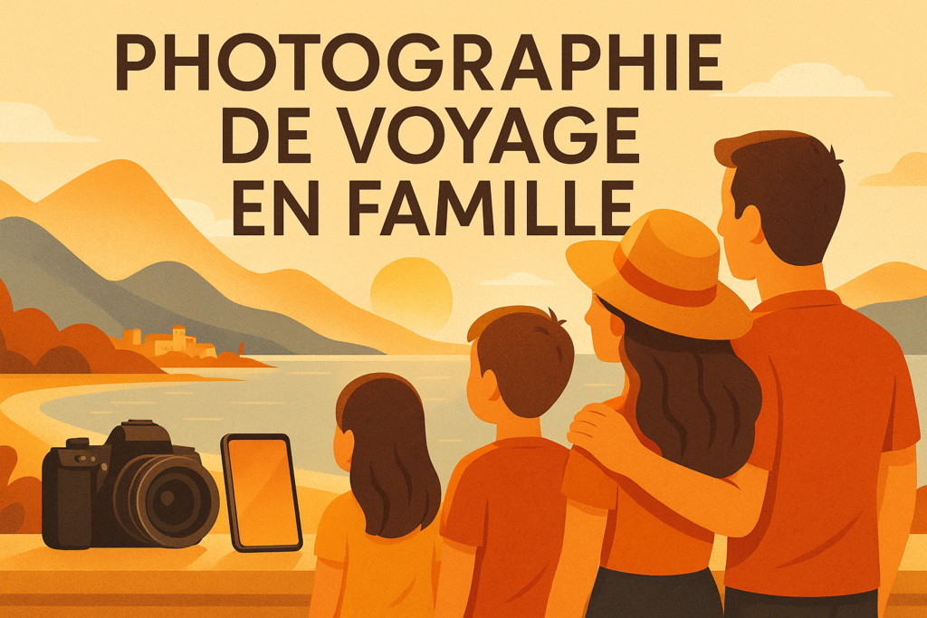 Photographie de voyage en famille devant un paysage au soleil couchant