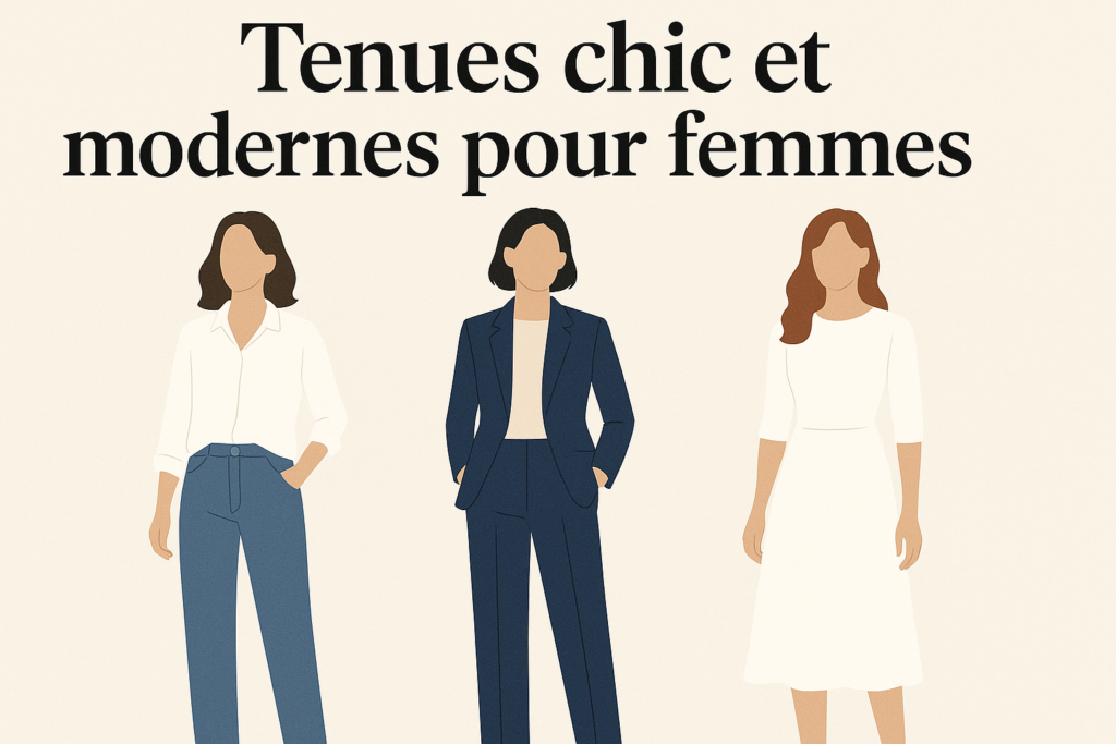 Illustration de tenues chic et modernes pour femmes en jean costume et robe midi