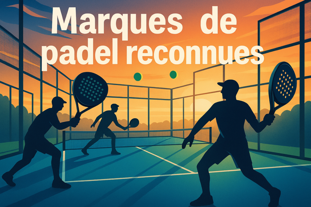 Court moderne au coucher du soleil avec joueurs et raquettes, marques reconnues de padel