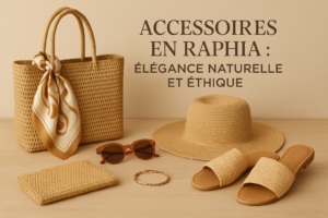 Accessoires en raphia chic sac chapeau pochette sandales sur table