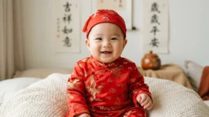 Bébé souriant en costume traditionnel chinois, signe astrologique 1980, calligraphie ornementale.