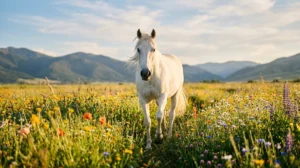Cheval blanc majestueux en 1954, signe chinois, traversant un champ de fleurs sauvages.
