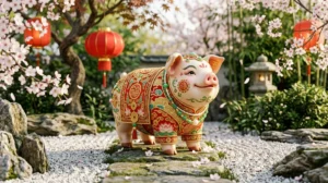 Cochon de bois stylisé, signe chinois, orné de motifs traditionnels dans un jardin zen.