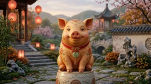 Cochon stylisé, signe chinois 1971, dans un paysage traditionnel paisible.