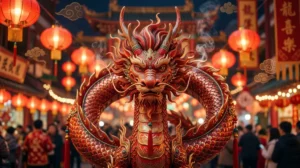 Dragon chinois stylisé et élégant, symbole du Nouvel An chinois 2026, sur fond festif.