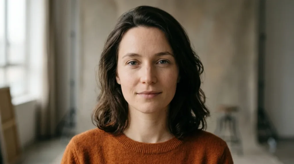 Portrait réaliste d'Élisabeth Malvina Chalier en studio, expression calme et réfléchie.