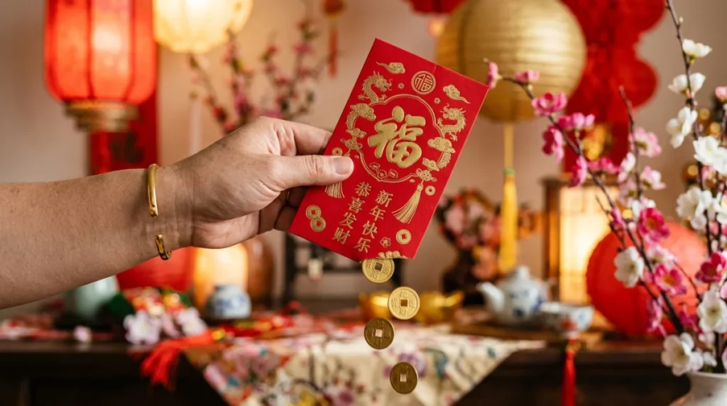 Main tenant une enveloppe rouge du nouvel an lunaire avec des pièces dorées, symboles de prospérité.