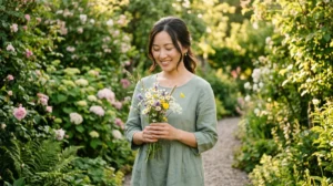 Femme asiatique souriante avec fleurs sauvages dans un jardin paisible, évoquant le signe chinois de la chèvre.