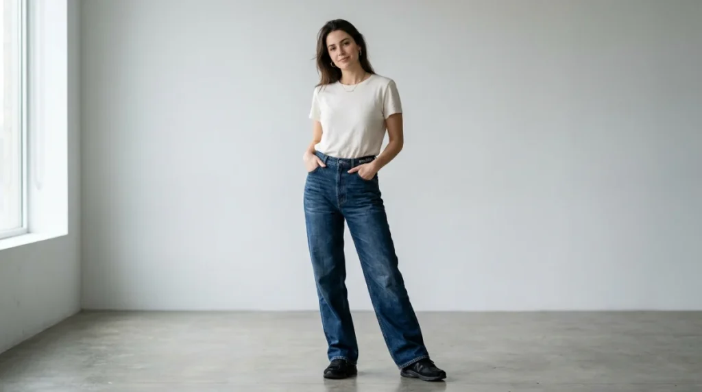 Femme posant avec un jean Balenciaga dans un studio photo minimaliste