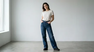 Femme posant avec un jean Balenciaga dans un studio photo minimaliste