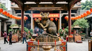 Rat de Métal, signe chinois 2020, devant temple traditionnel avec lanternes rouges et dorures.