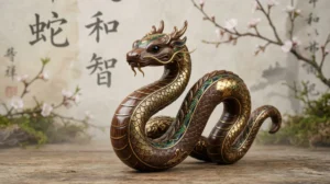 Serpent de bois stylisé, signe chinois 1965, élégant et serein.