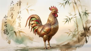 Coq doré métallique, signe chinois 1981, élégance et sérénité.