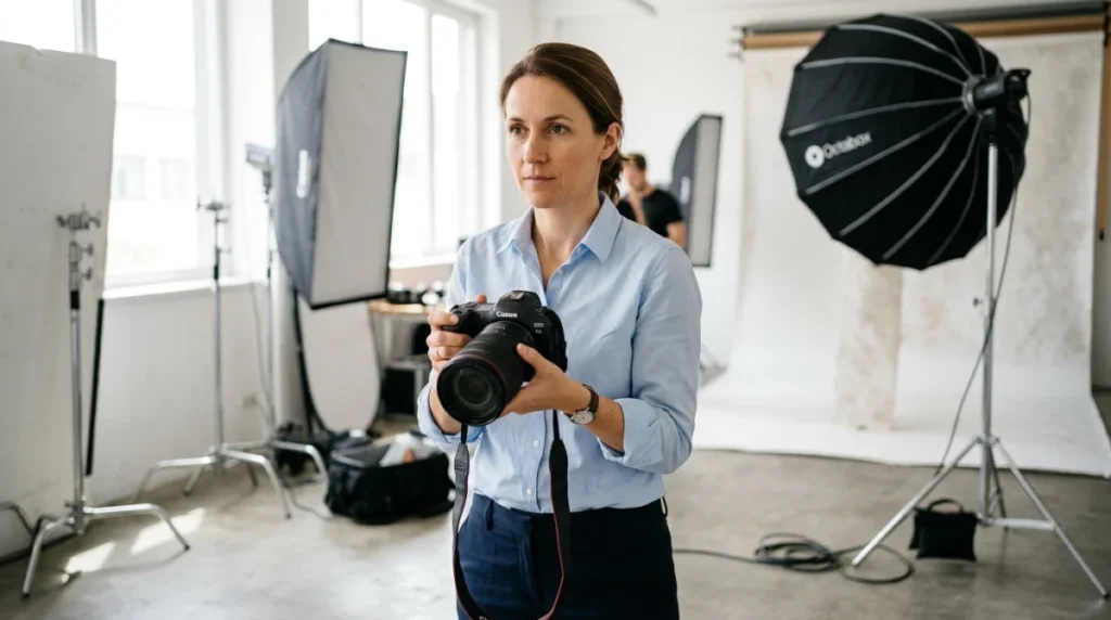 Valerie Keruzore, photographe professionnelle, en studio avec son appareil photo reflex