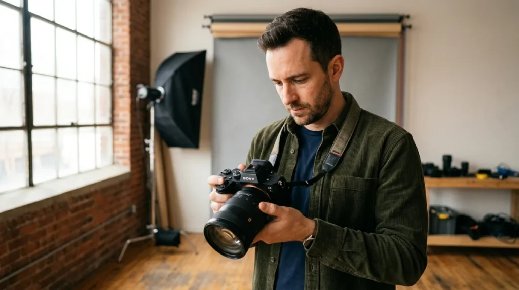 Yann Dernaucourt, photographe professionnel, concentré sur son appareil photo dans un studio moderne.