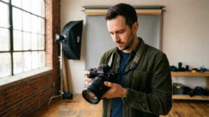 Yann Dernaucourt, photographe professionnel, concentré sur son appareil photo dans un studio moderne.