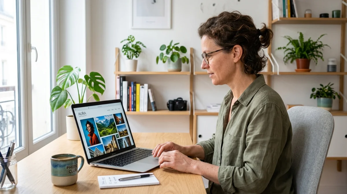 Yann Dernaucourt photo : personne consultant un portfolio sur ordinateur portable dans un bureau moderne