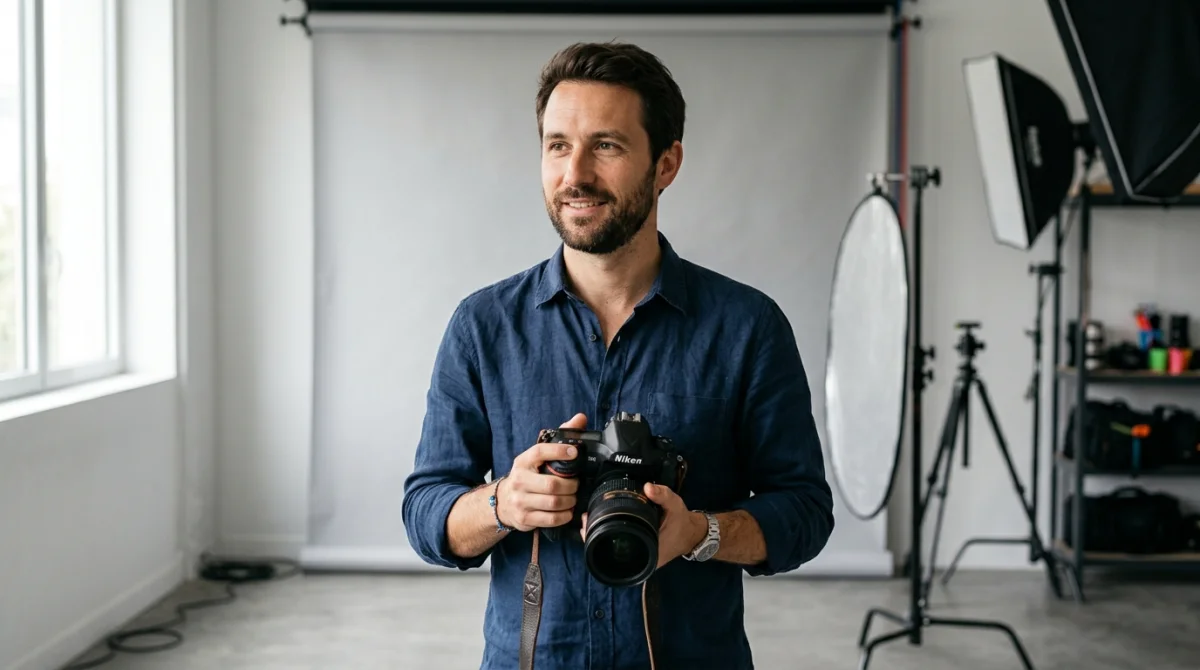 Portrait de Yann Dernaucourt, photographe, dans son studio avec appareil photo.