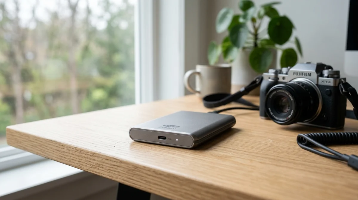 Disque dur externe moderne posé sur un bureau en bois près d'un appareil photo pour stocker vos photos.