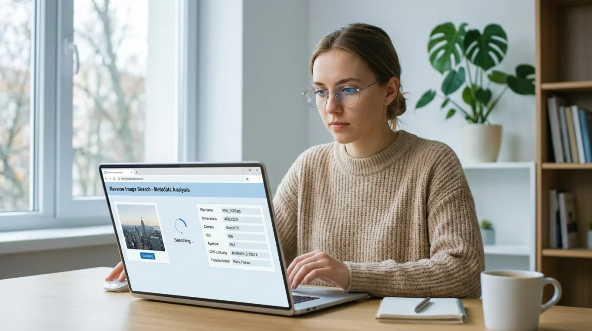 Personne concentrée analysant les métadonnées techniques d'une photo sur un ordinateur dans un bureau minimaliste et lumineux.