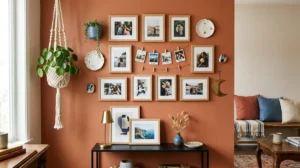 Mur de photos décoratif avec cadres en bois et polaroïds sur un mur terracotta pour inspirer votre décoration intérieure.