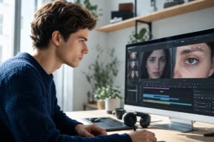 Personne concentrée travaillant sur un logiciel de montage vidéo pour savoir comment faire parler une photo.