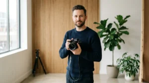 Photographe professionnel utilisant un appareil photo hybride dans un studio moderne pour apprendre comment faire une photo professionnelle.