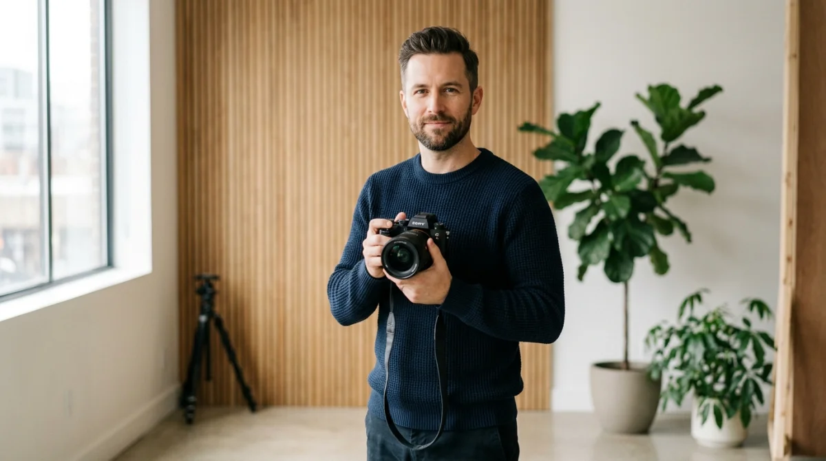 Photographe professionnel utilisant un appareil photo hybride dans un studio moderne pour apprendre comment faire une photo professionnelle.