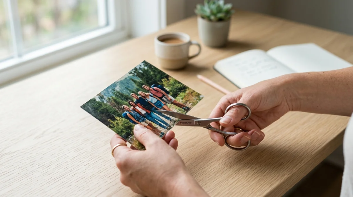 Mains découpant une photographie sur un bureau en bois pour illustrer comment réduire taille photo efficacement.