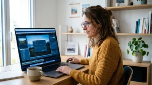 Personne travaillant sur un ordinateur pour apprendre comment réduire taille photo via un logiciel de compression d'images.