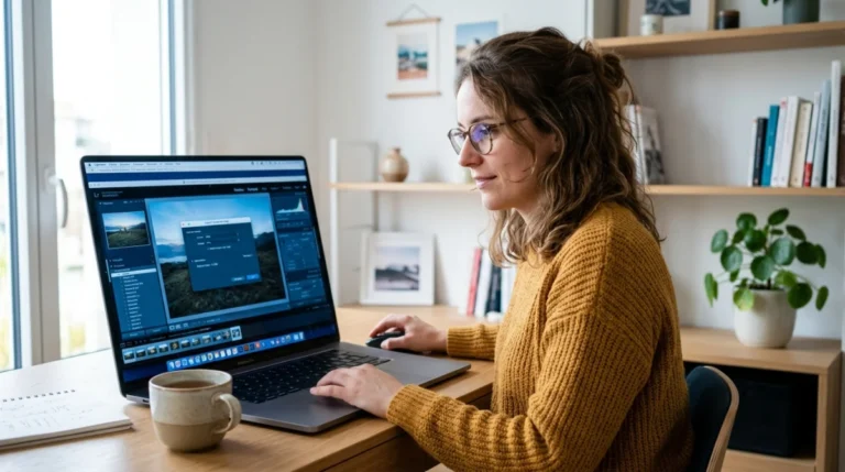 Personne travaillant sur un ordinateur pour apprendre comment réduire taille photo via un logiciel de compression d'images.