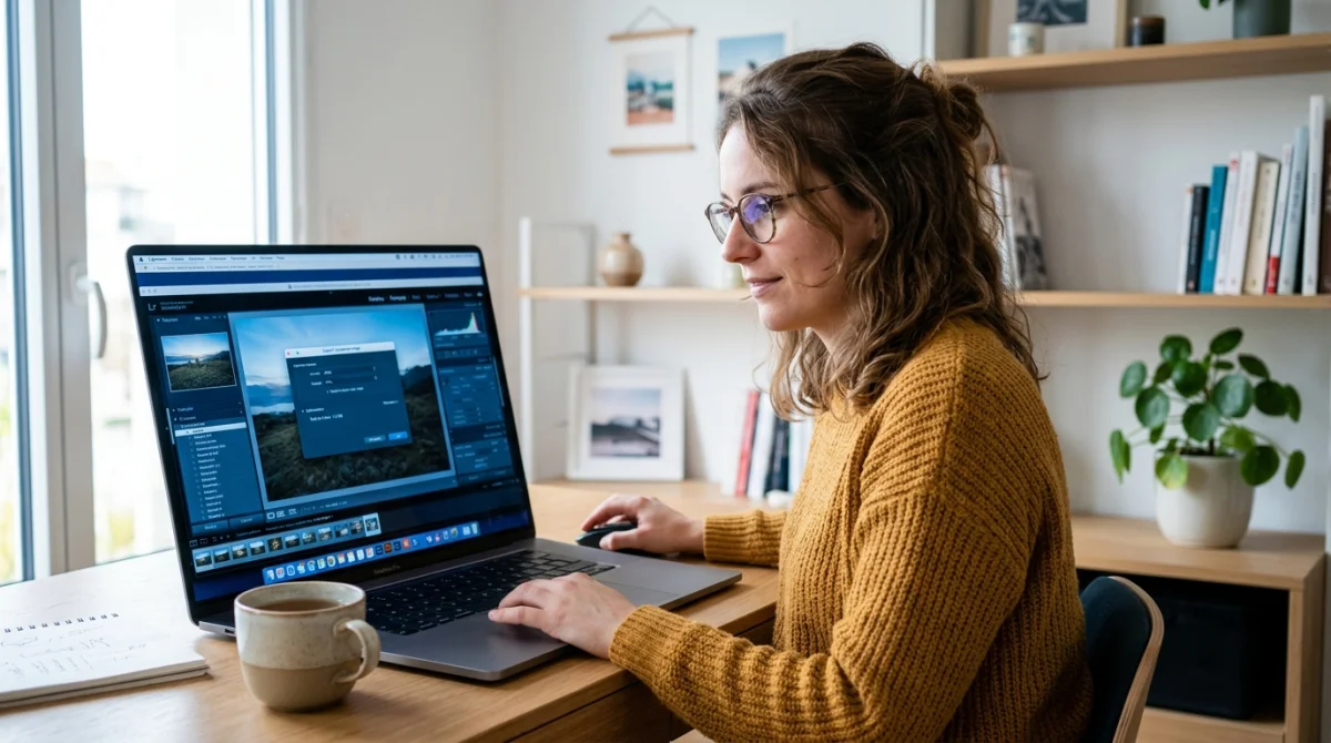 Personne travaillant sur un ordinateur pour apprendre comment réduire taille photo via un logiciel de compression d'images.