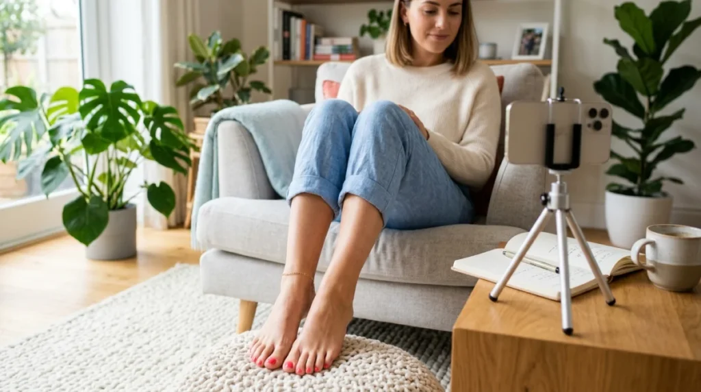 Personne présentant ses pieds soignés dans un intérieur moderne pour illustrer comment vendre ses photos de pieds.