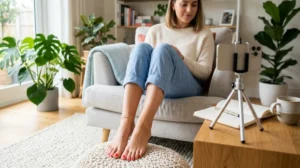 Personne présentant ses pieds soignés dans un intérieur moderne pour illustrer comment vendre ses photos de pieds.