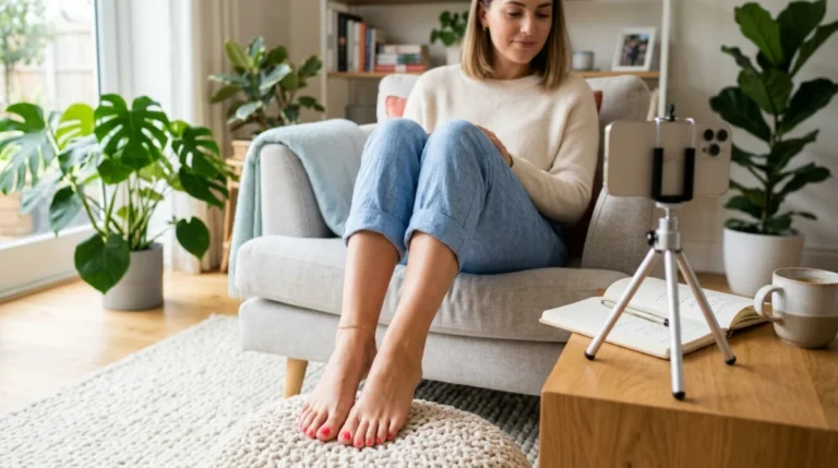 Personne présentant ses pieds soignés dans un intérieur moderne pour illustrer comment vendre ses photos de pieds.