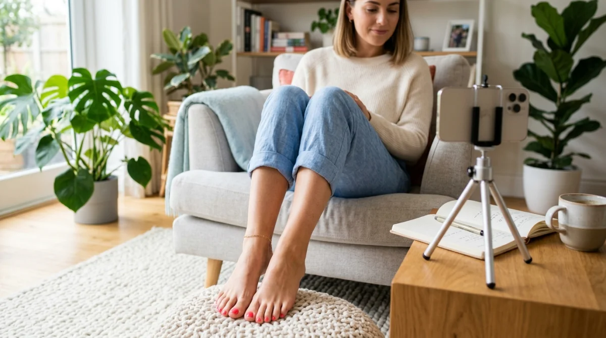 Personne présentant ses pieds soignés dans un intérieur moderne pour illustrer comment vendre ses photos de pieds.