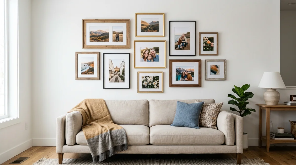 Mur de salon moderne décoré d'une composition élégante de cadres photo variés pour illustrer comment faire un mur de photos.