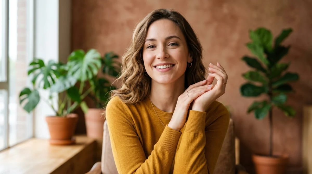Personne élégante en pull moutarde illustrant comment poser pour une photo avec une gestuelle naturelle des mains.