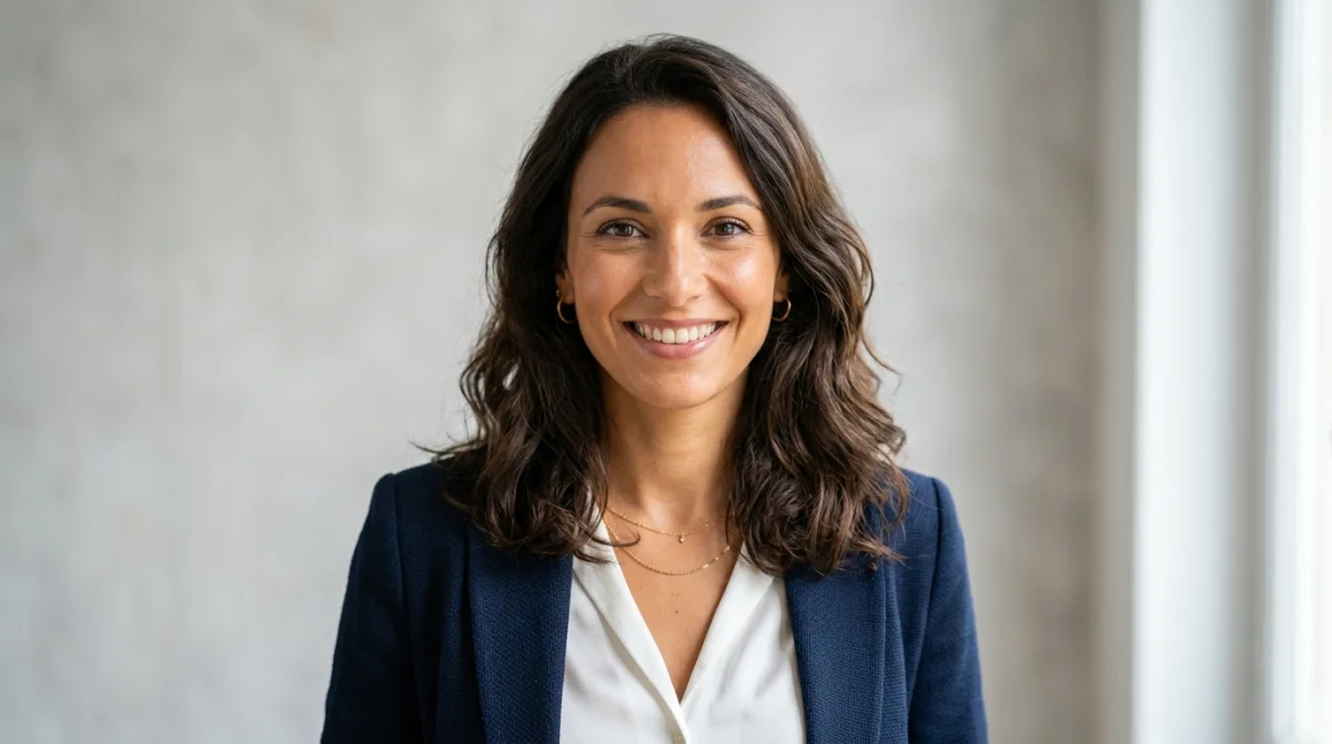 Portrait professionnel d'une personne souriante en studio, illustrant comment faire une photo professionnelle réussie et élégante.