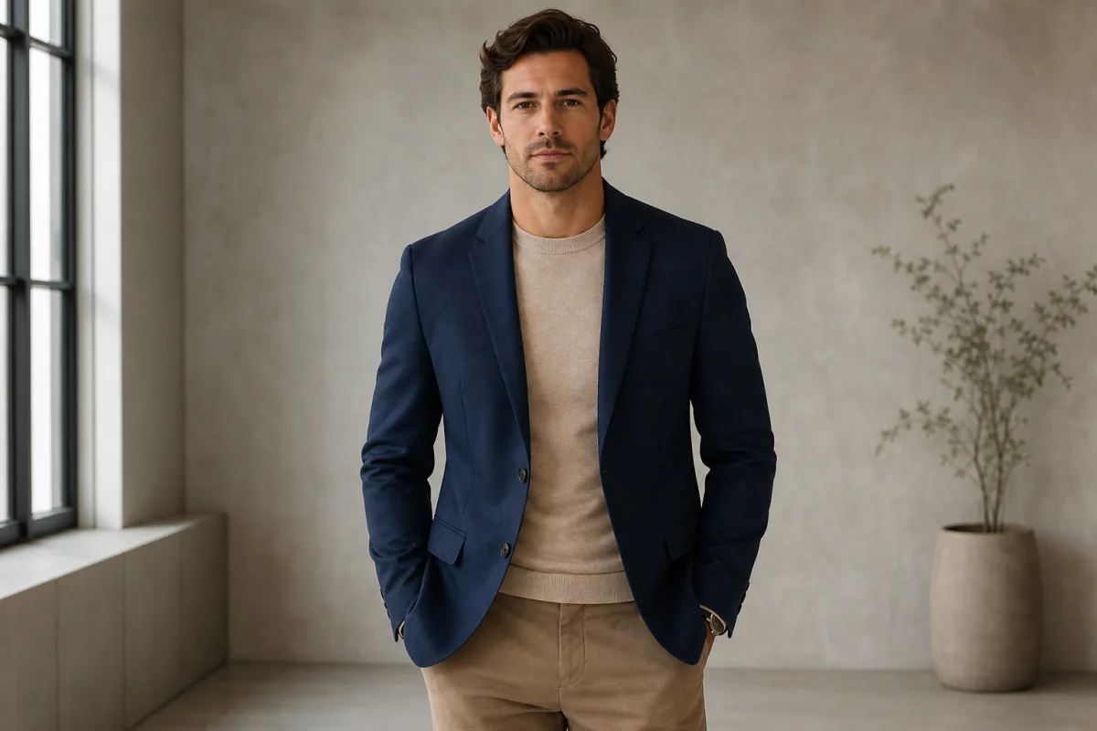 Personne élégante en tenue sobre aux tons terreux pour un shooting photo professionnel en studio minimaliste.