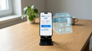 Smartphone moderne affichant une interface pour convertir une photo en PDF sur un bureau minimaliste en bois.