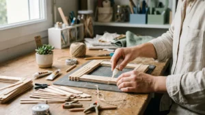 Mains assemblant des bâtonnets en bois naturel pour expliquer comment faire un cadre photo artisanal dans un atelier.
