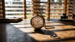 Montre à gousset ancienne posée sur une table en bois avec une ombre portée marquée sous un rayon lumineux.