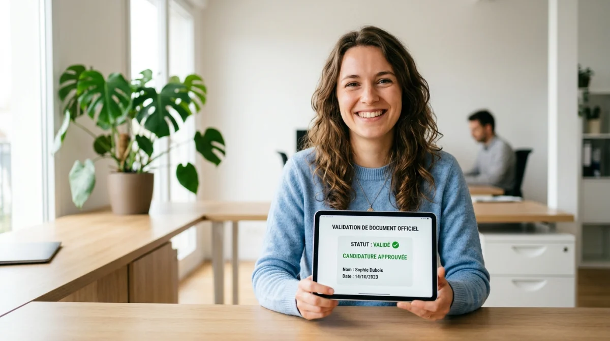 Personne souriante utilisant une tablette pour valider sa photo de permis de conduire dans un bureau moderne.