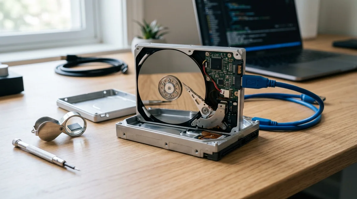 Disque dur externe ouvert sur un bureau pour illustrer comment récupérer des photos sur un disque dur externe endommagé.