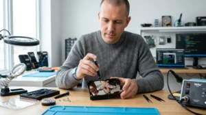 Technicien expert utilisant un tournevis de précision pour réparer un disque dur externe et récupérer des photos.