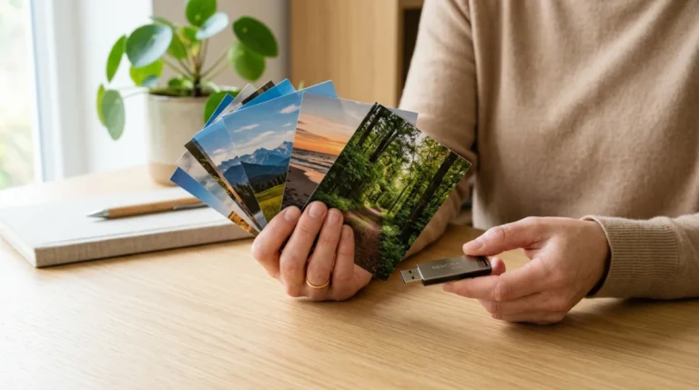 Mains tenant des tirages photo et une clé USB pour illustrer comment faire développer un appareil photo jetable.