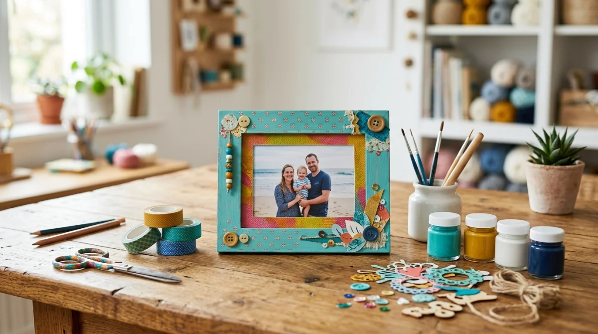 Cadre photo fait main posé sur une table en bois entouré de matériel de loisirs créatifs colorés.